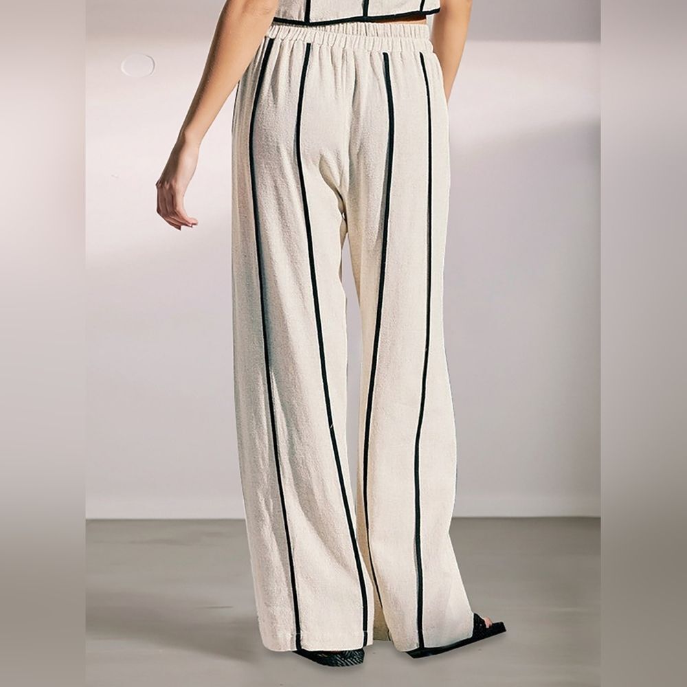Womens Casual Linen Blend V-Neck Crop Top & Wide-Leg Pants Set Cream Black Trim - Picture 2 of 6